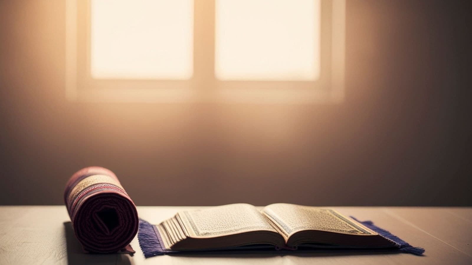 Livre ouvert et tapis roulé dans la lumière d'une fenêtre