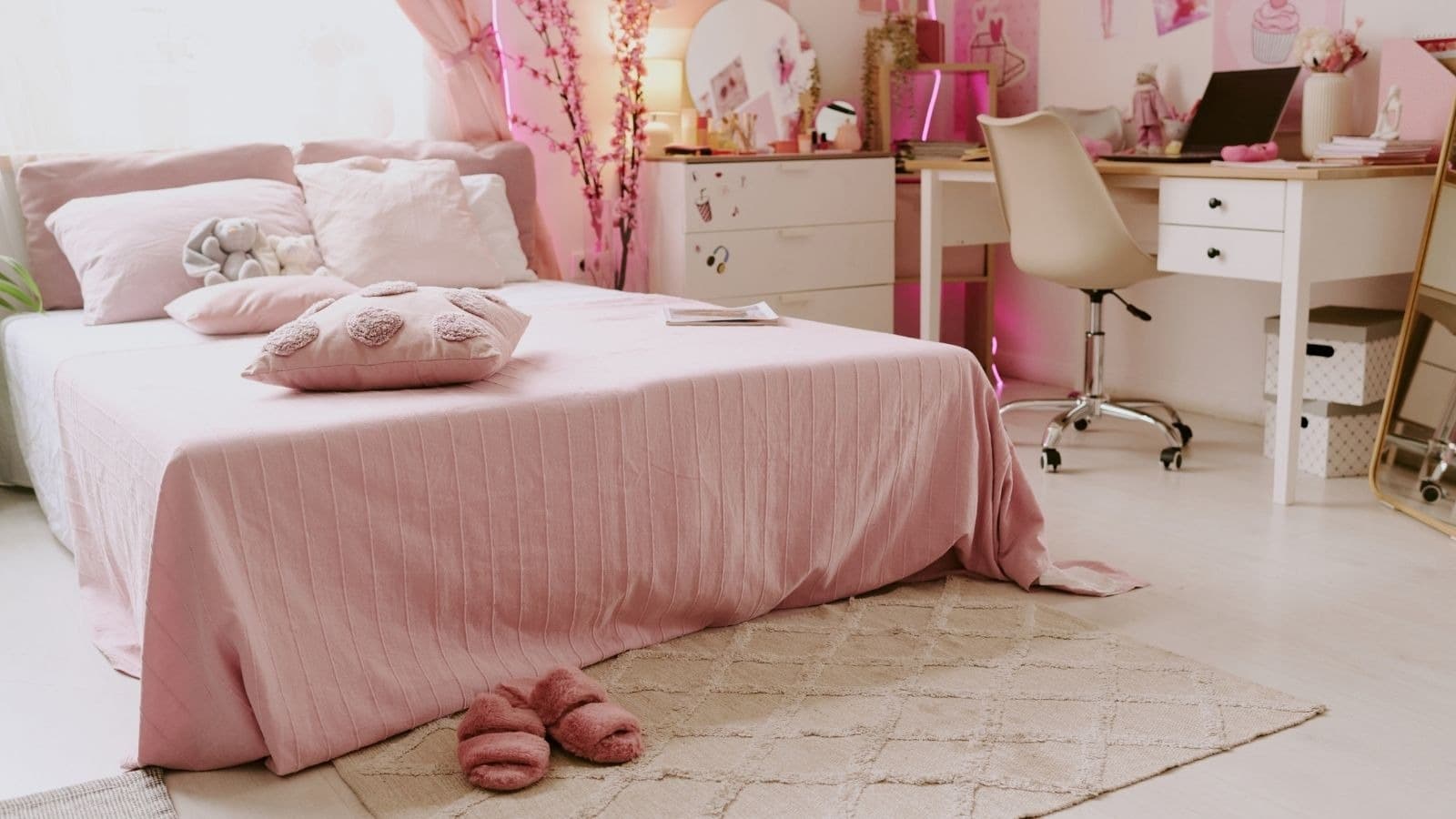 Chambre d'enfant rose soigneusement rangée
