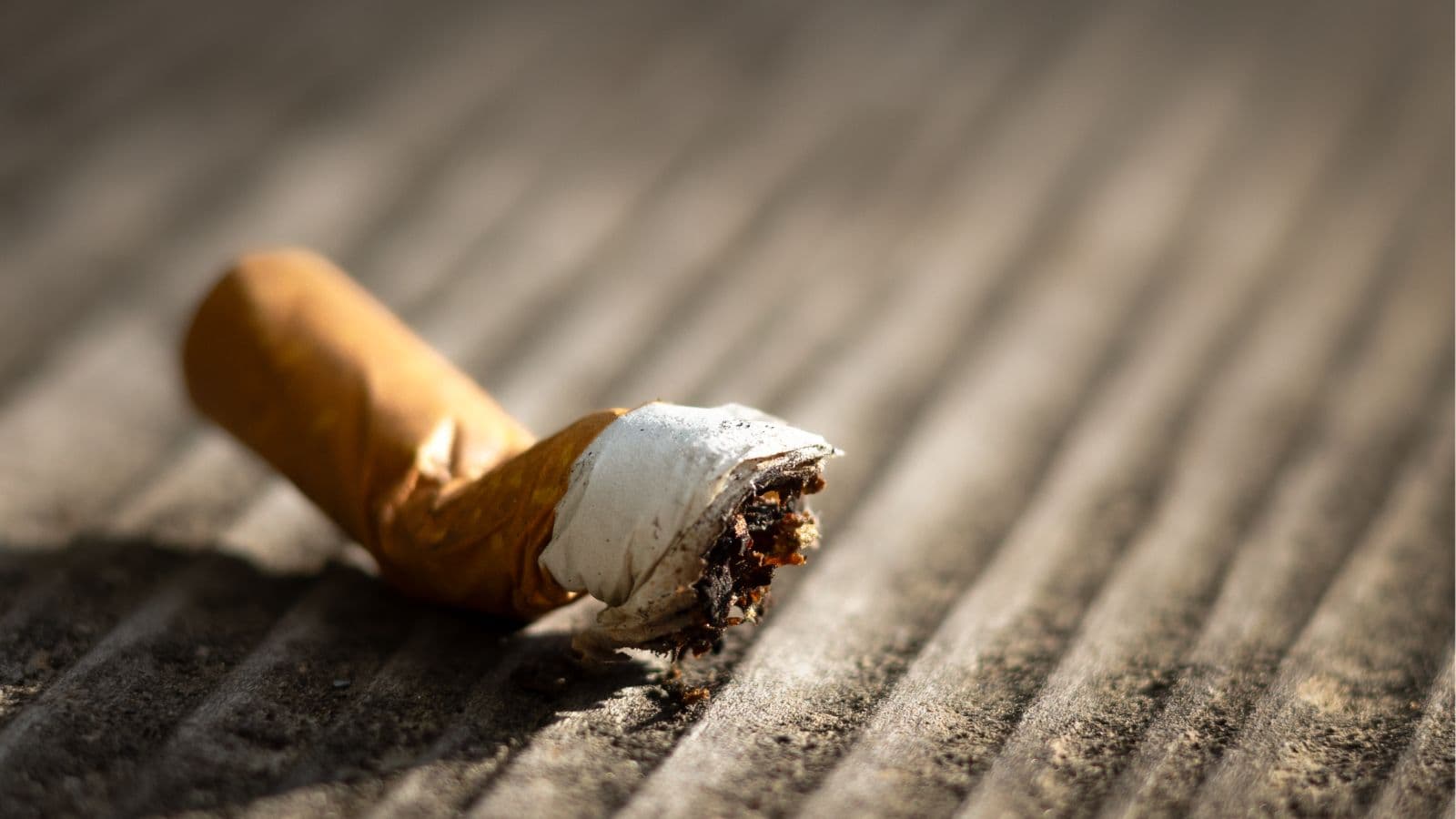 Cigarette éteinte posée sur une surface sombre