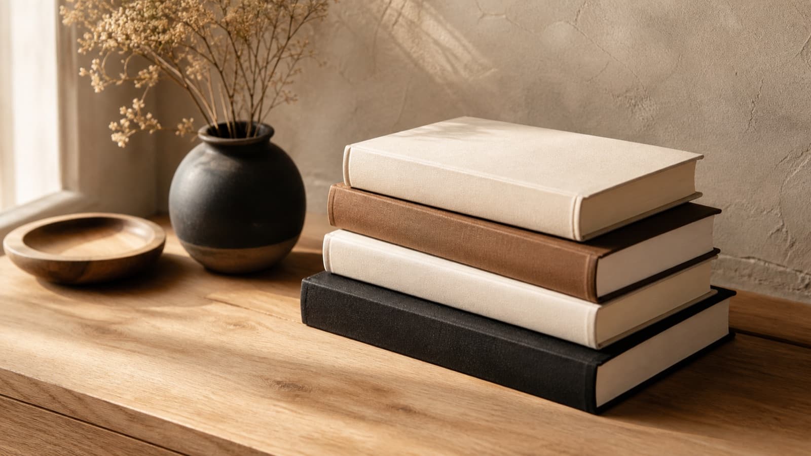 Livres fermés sans titre disposés sur un bureau en bois clair