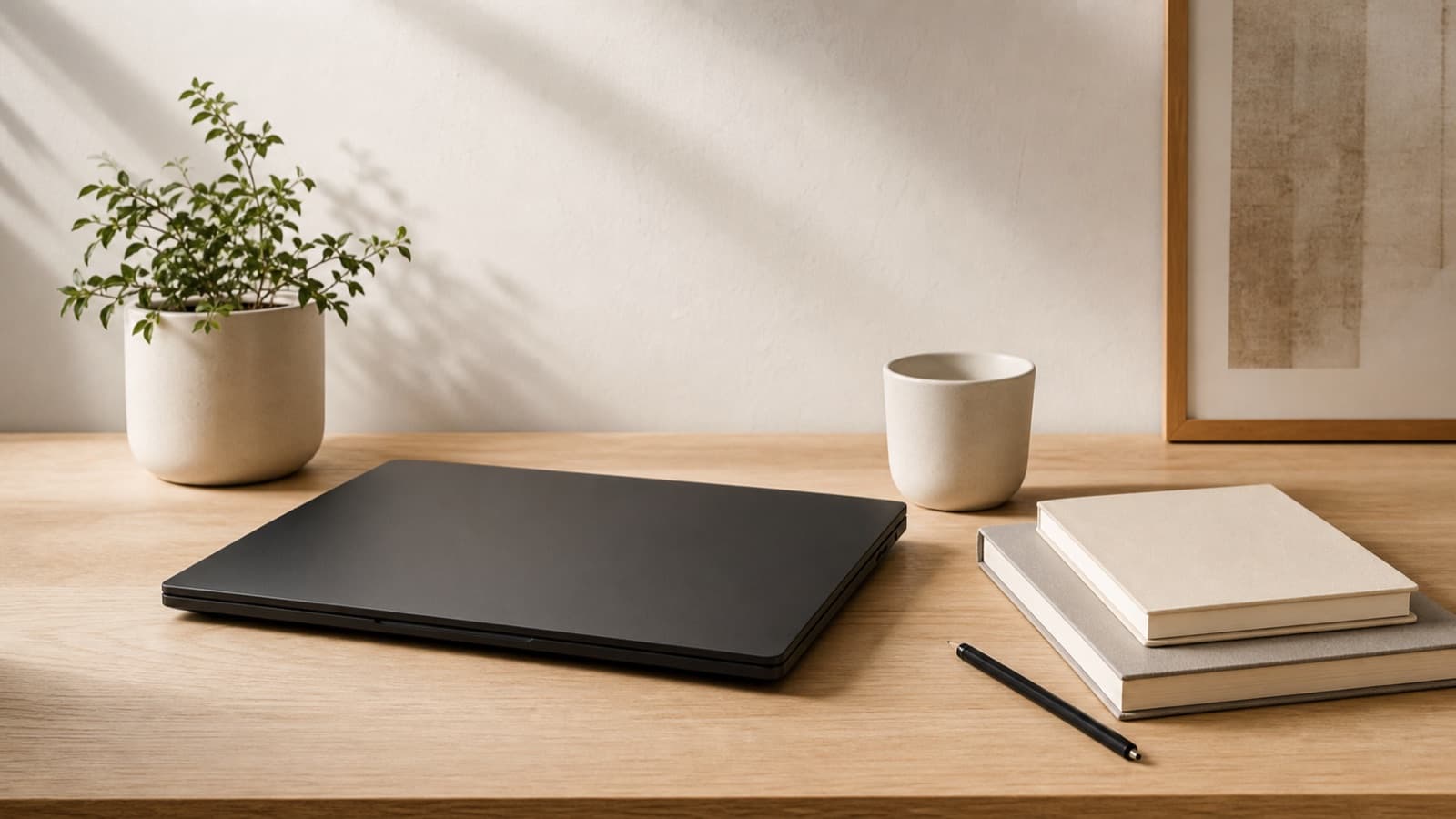 Bureau moderne avec ordinateur fermé et carnets sans texte