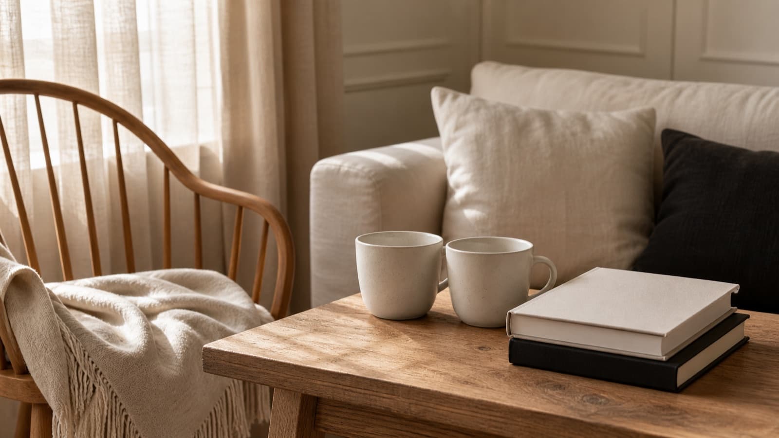 Intérieur chaleureux avec deux tasses et des livres sans texte