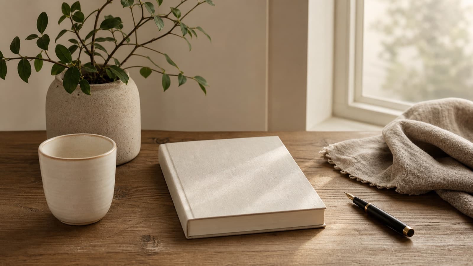 Bureau d'étude avec livre sans texte, tasse et papeterie
