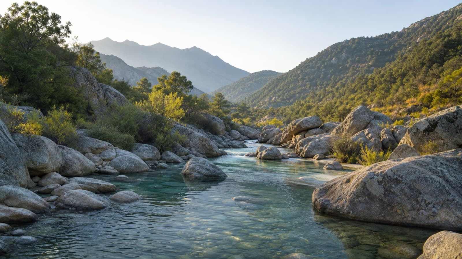 Rivière paisible entre des roches et une végétation discrète