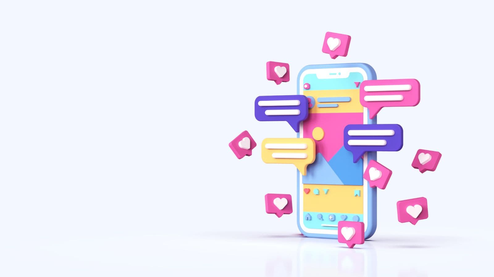 Illustration de messages et réactions autour d'un smartphone