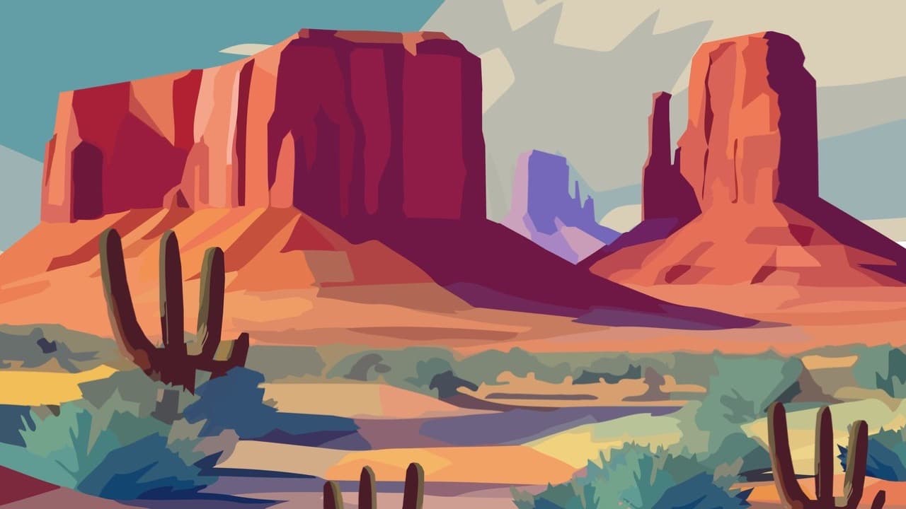 Illustration colorée d'un paysage désertique et montagneux