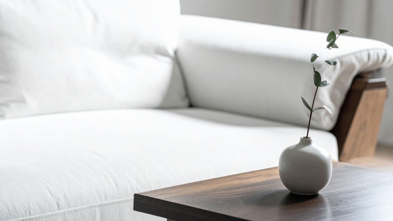 Canapé blanc et petite fleur dans un intérieur paisible