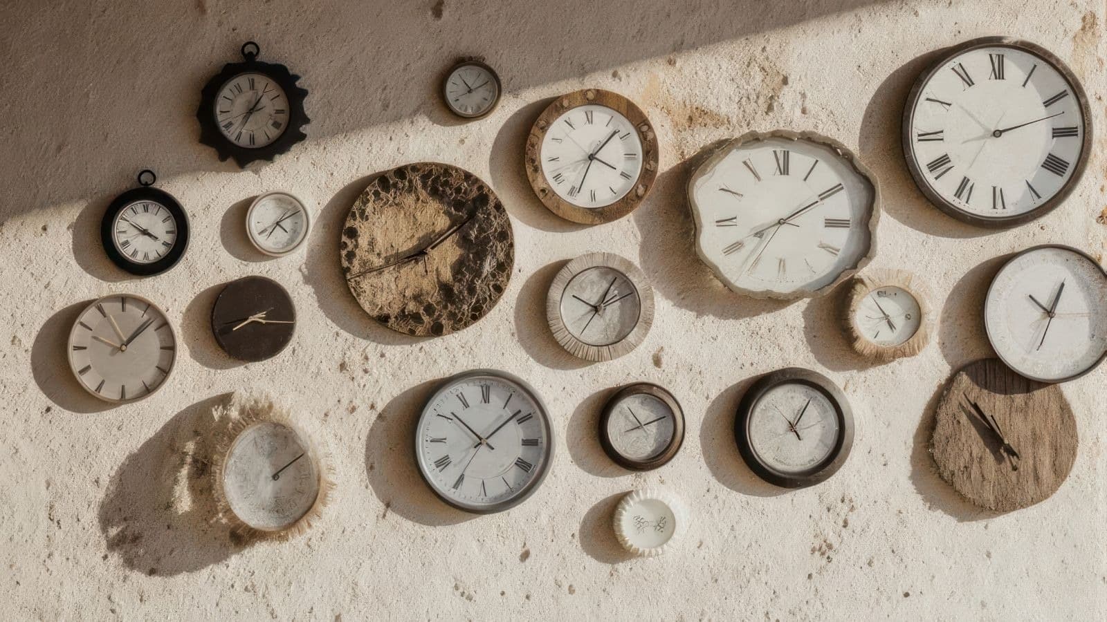 Collection d'horloges de différentes tailles sur un mur