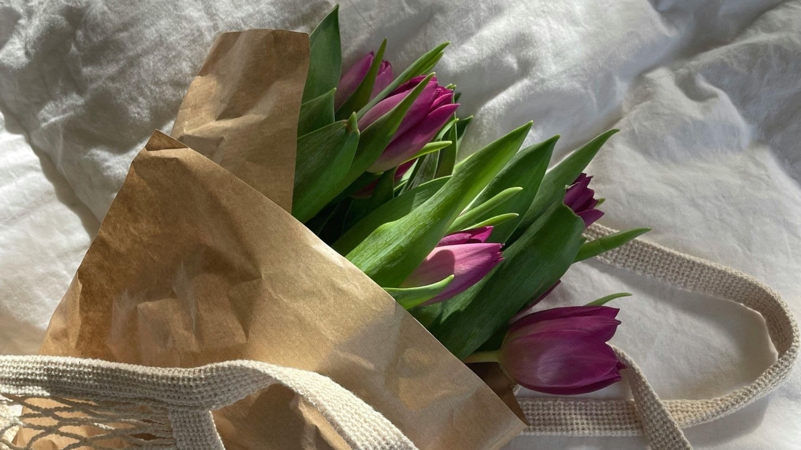 Bouquet de tulipes roses enveloppé de papier