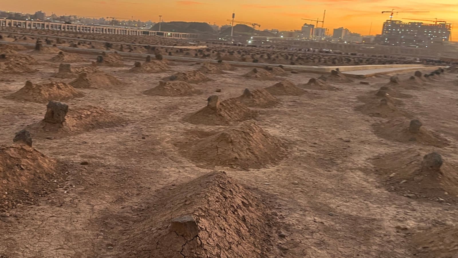 Alignement de tombes en terre dans un cimetière vide