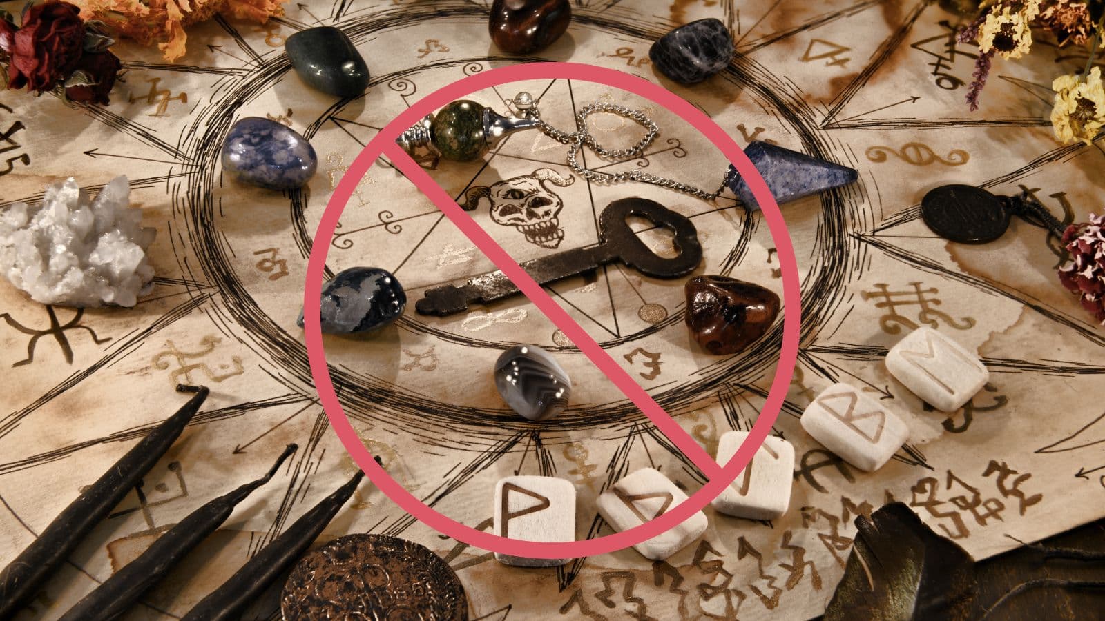 Objets de rituel occulte barrés par un symbole d'interdiction rouge