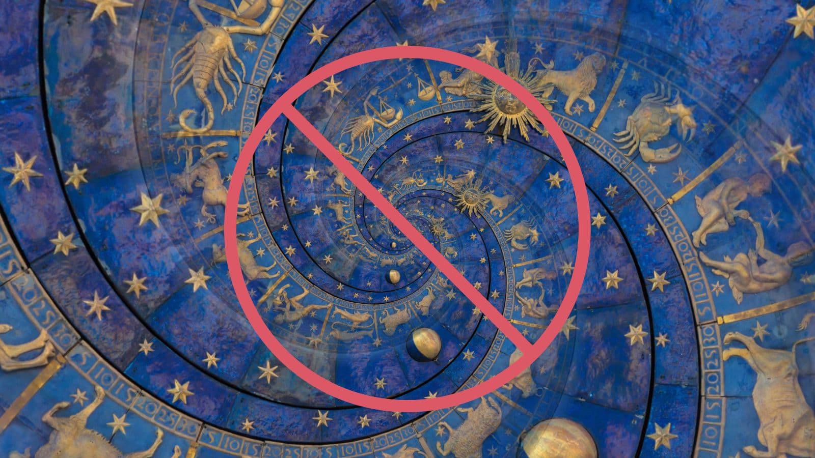 Roue du zodiaque barrée par un symbole d'interdiction rouge