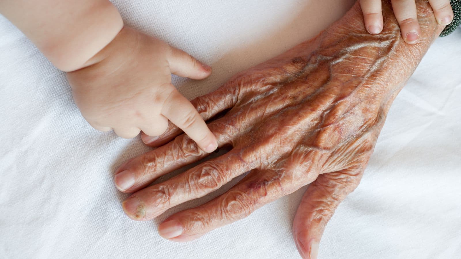 Main d'une personne âgée touchée par celle d'un bébé