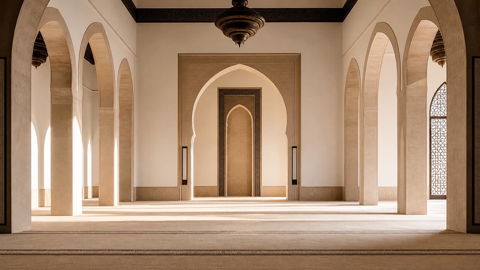 Salle de mosquée vide éclairée par une lumière naturelle douce