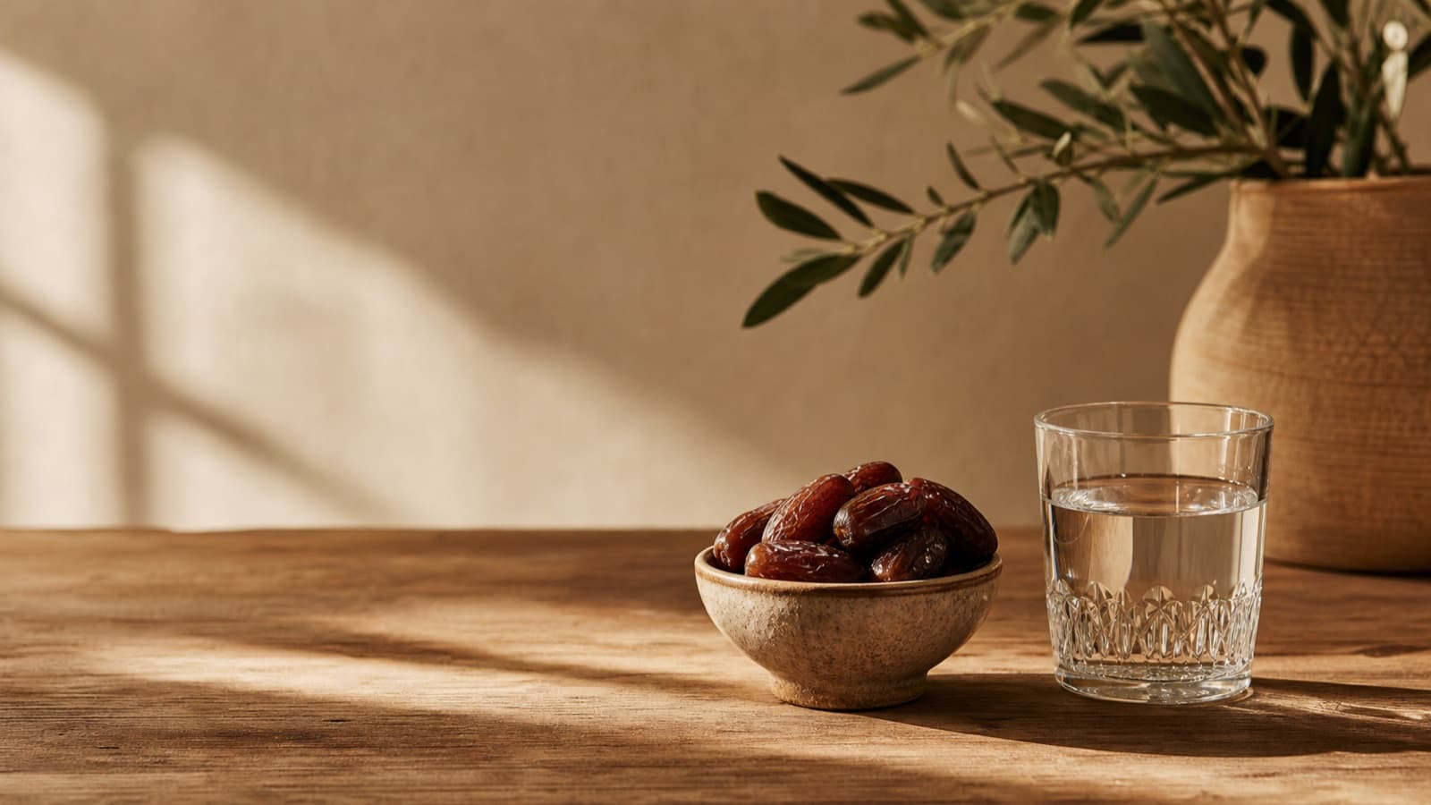 Table sobre avec dattes, verre d'eau et lumière de fin de journée