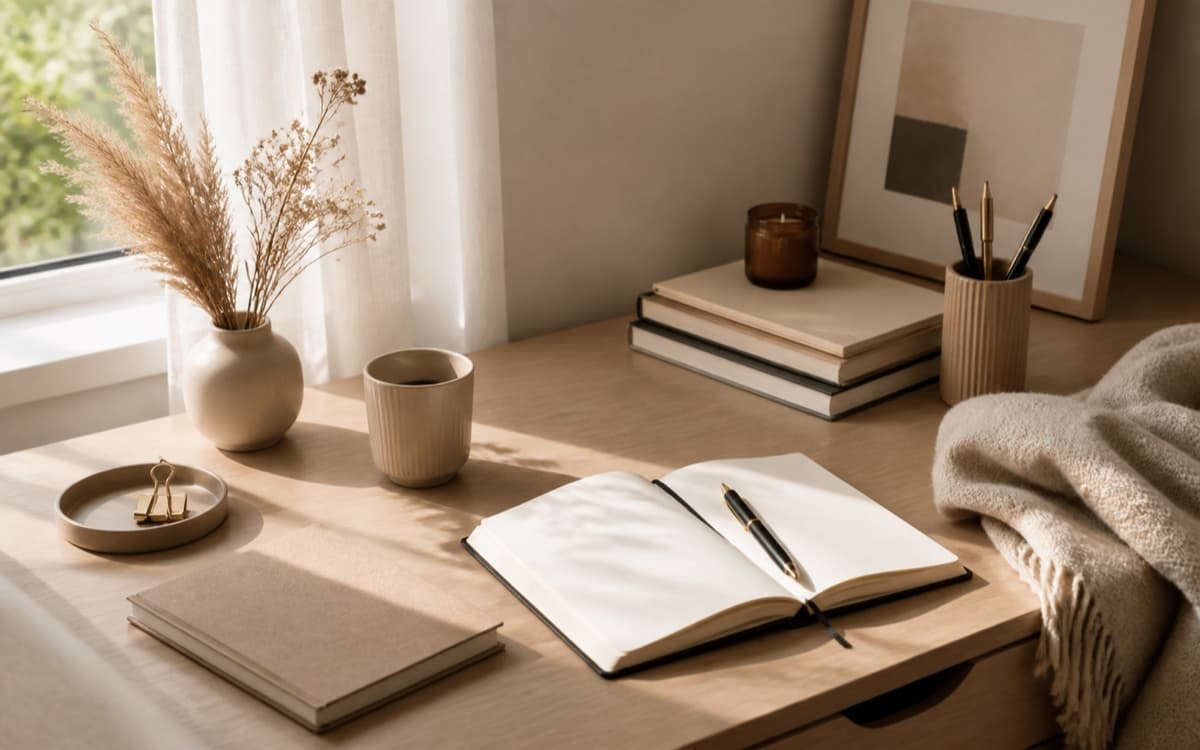 Bureau lumineux avec carnet ouvert et livres pour organiser ses révisions